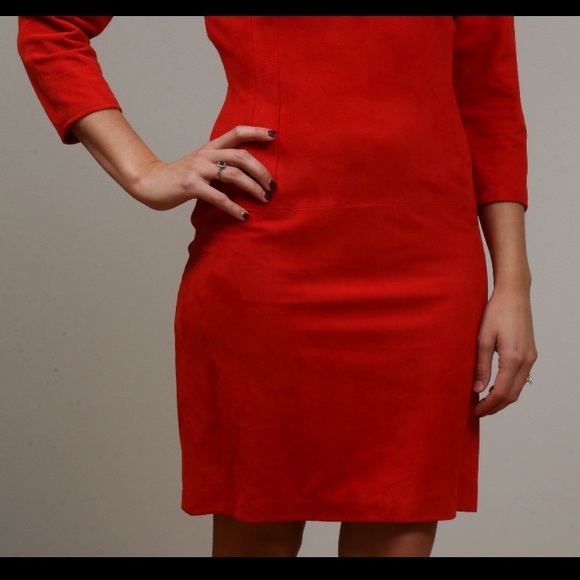 Vintage 1970s I. Magnin Firenze Red Lamb Suede Mockneck Sheath Cocktail Dress - Picture 6 of 10